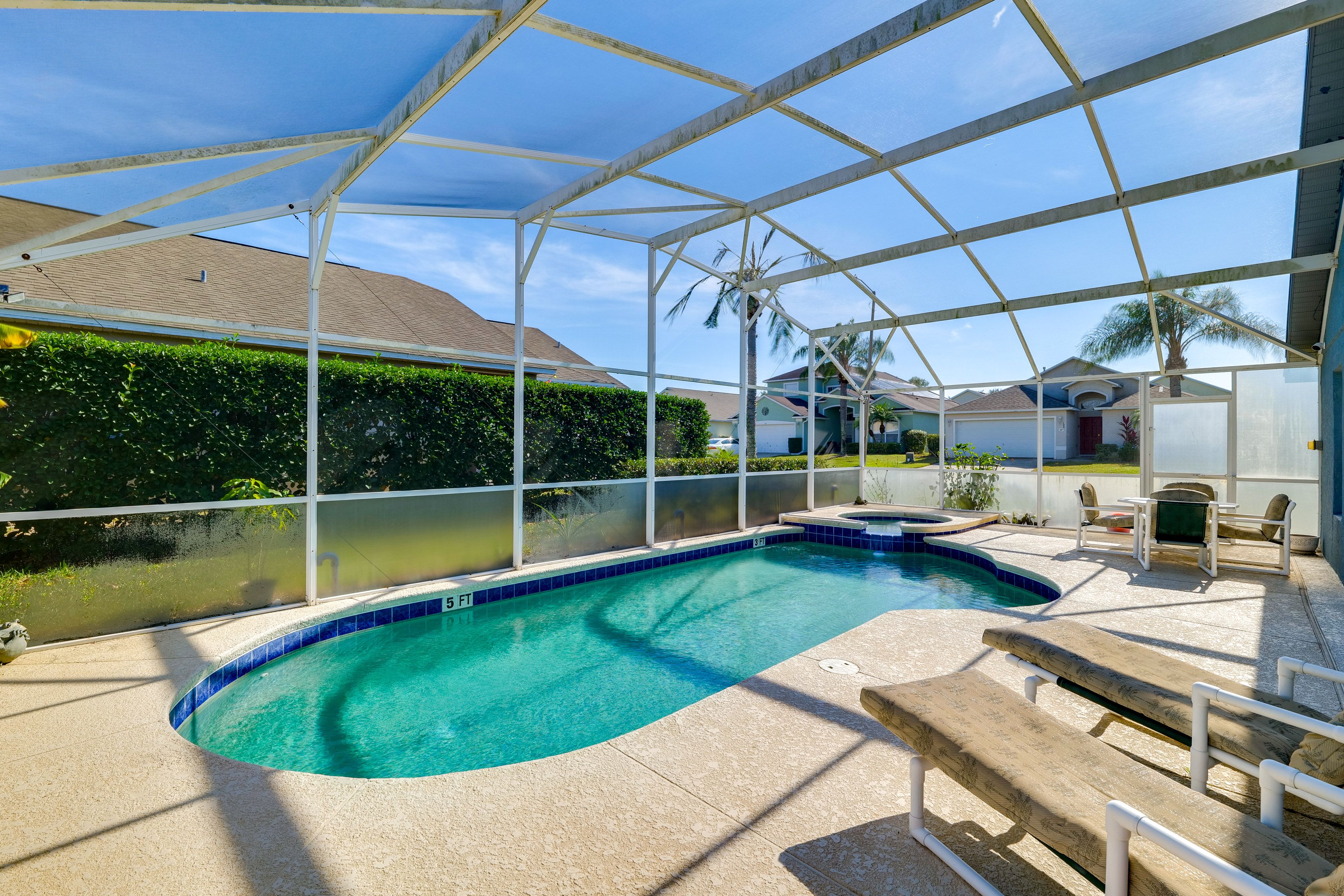 Screened Lanai | Private Pool (Heated w/ Fee, Depth 3’-5’) | Hot Tub