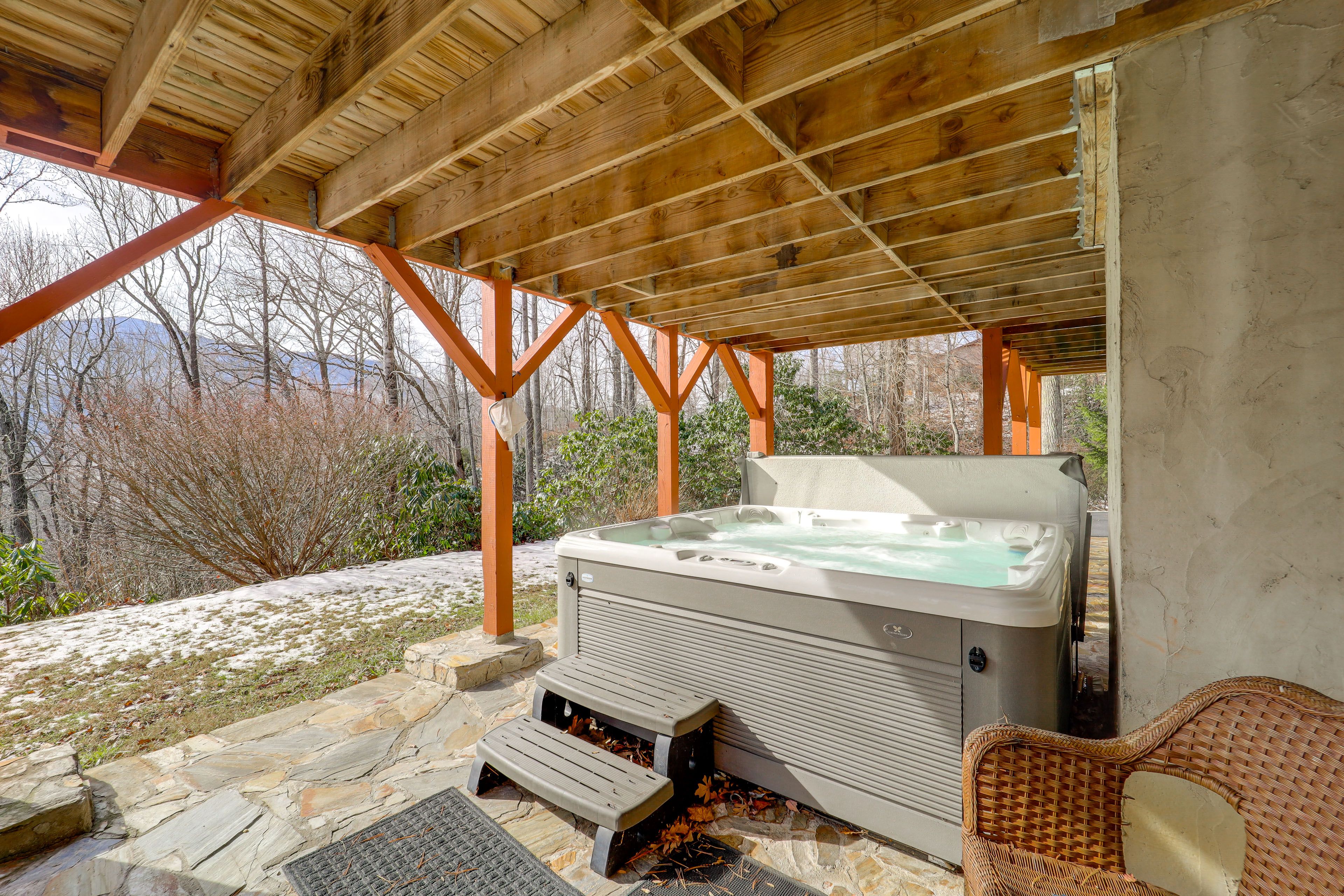 Covered Patio | Hot Tub Area | Mountain Views