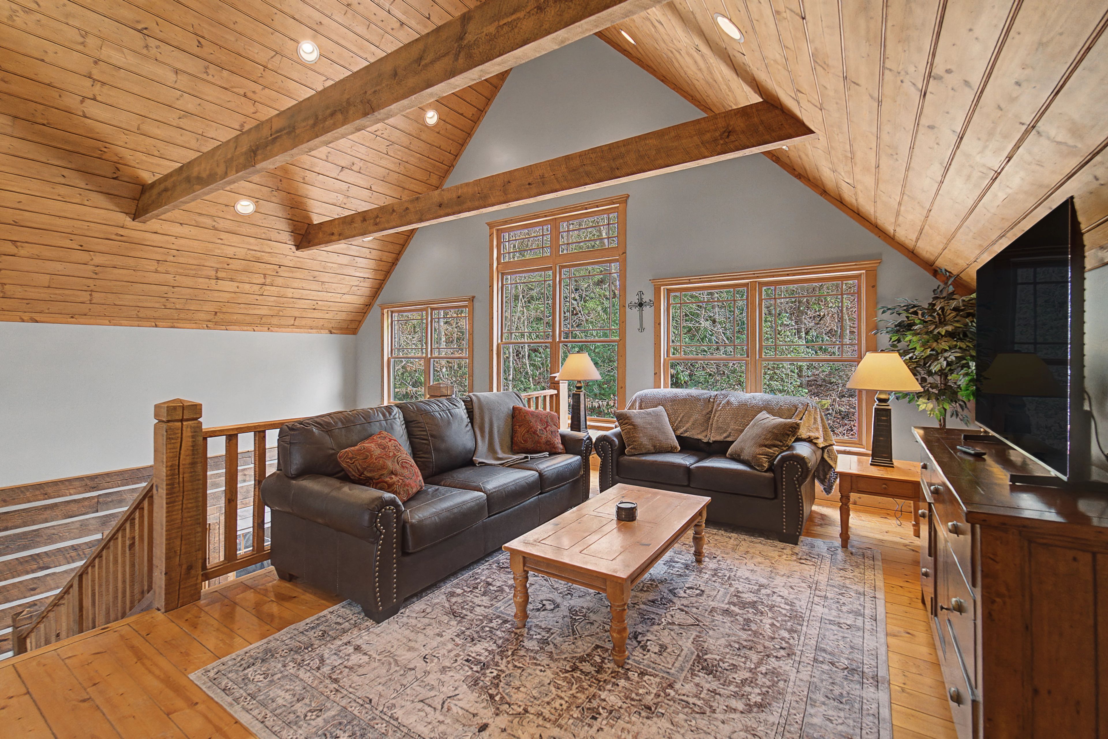 Gorgeous Lofted Upper Living Room | Vaulted Beamed Ceiling | Wooded Views
