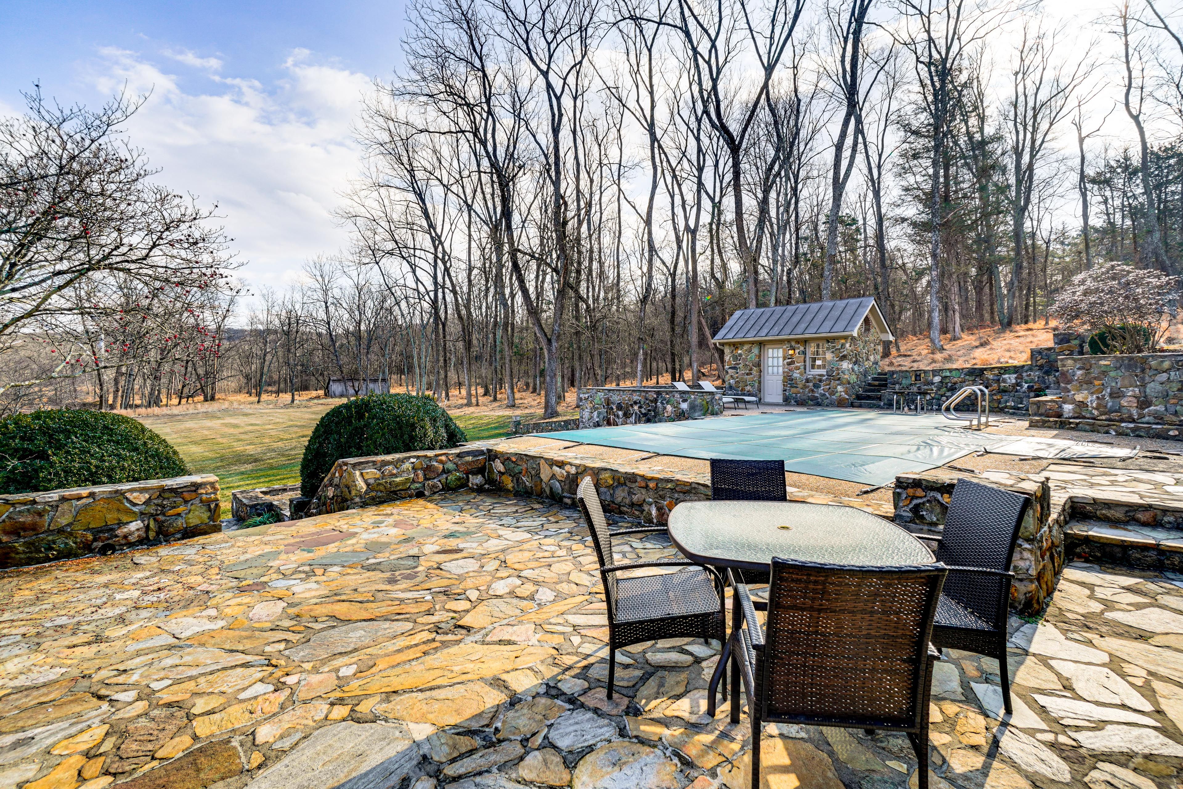 Patio | Seasonal Pool | 2-Acre Yard | Forest Views