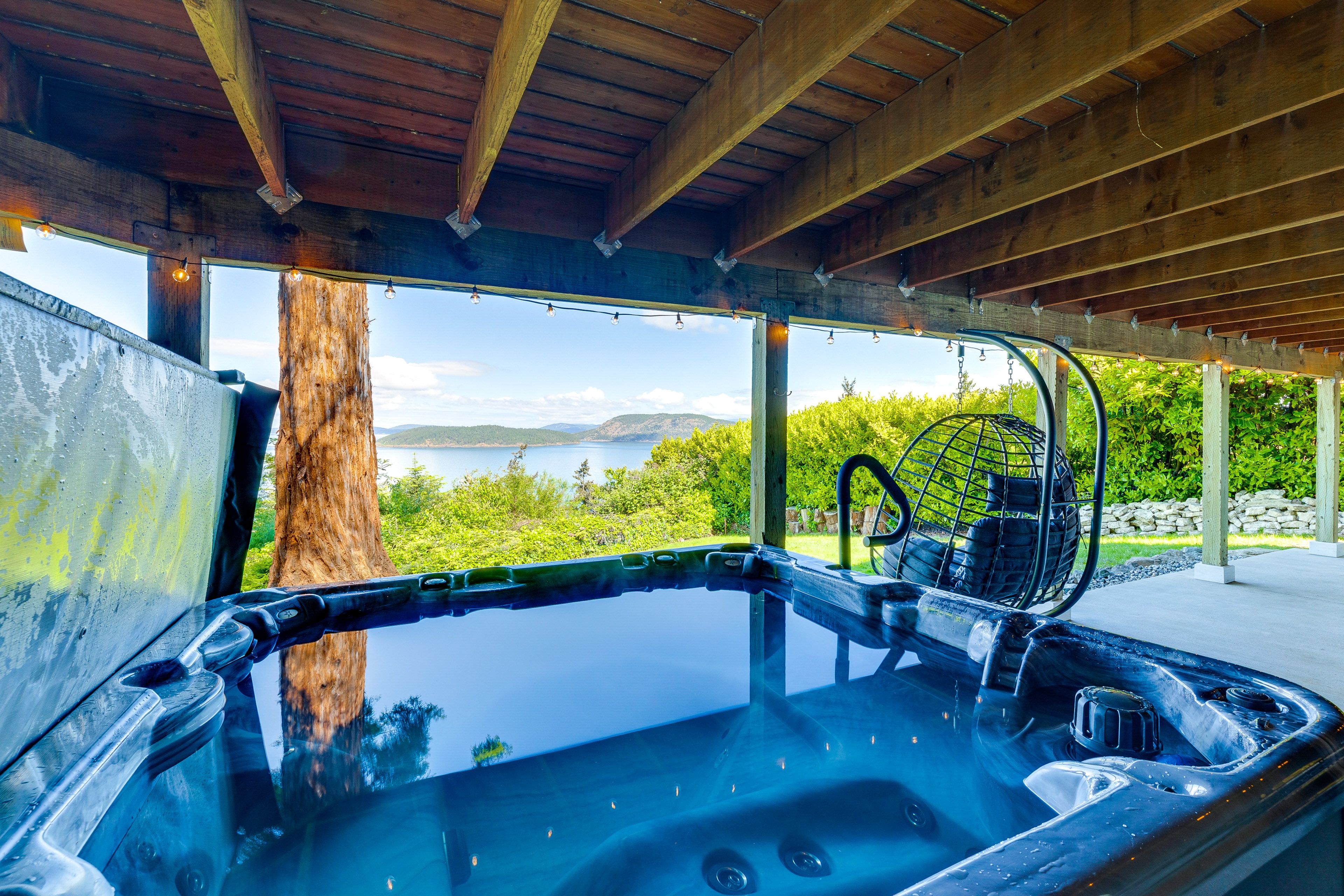 Covered Patio | Private Hot Tub | Water Views