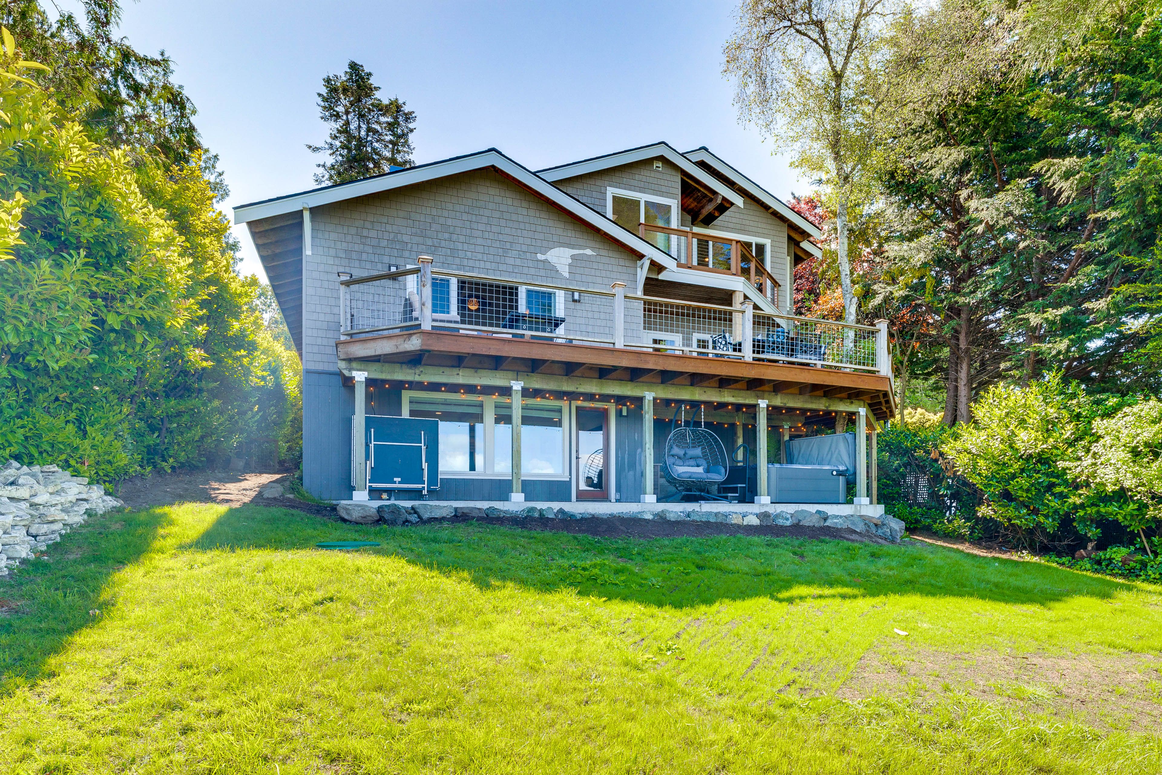 Exterior | 3-Story Home | Furnished Deck & Patio | Private Yard