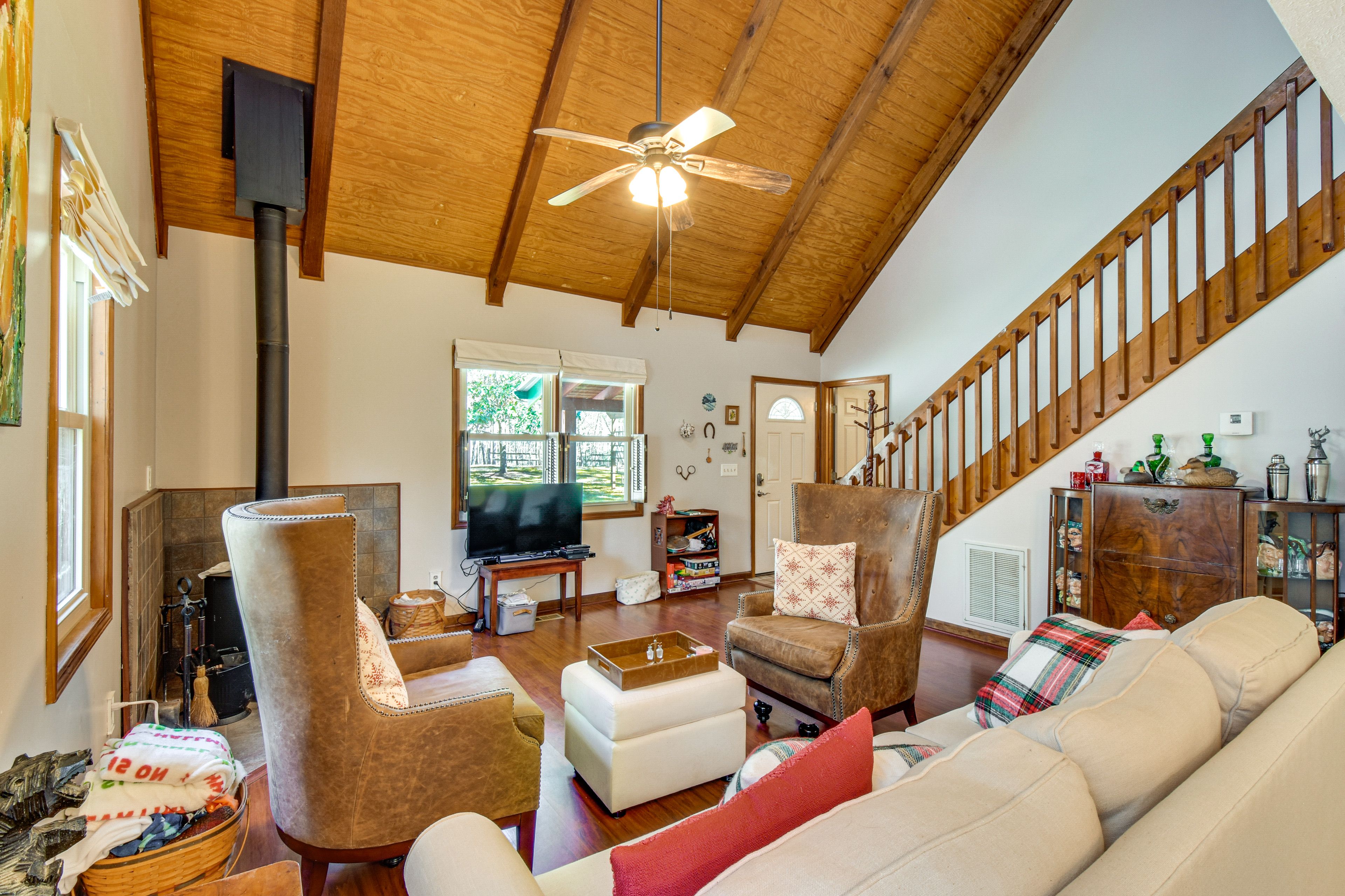 Property Interior | 2-Story Cabin | Wood-Burning Stove