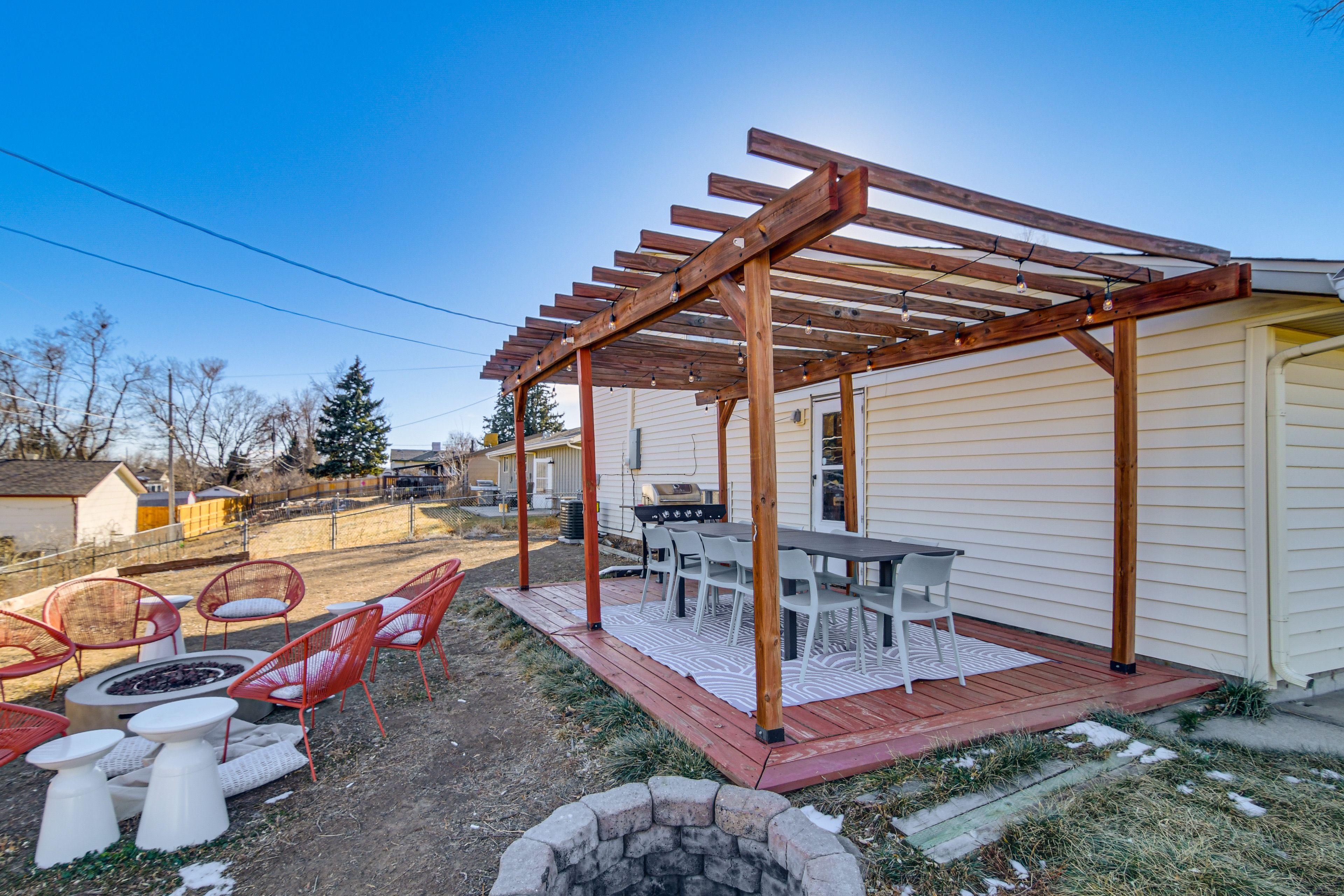 Deck w/ Dining Area, Gas Grill & Pergola | Gas Fire Pit | Fenced Backyard