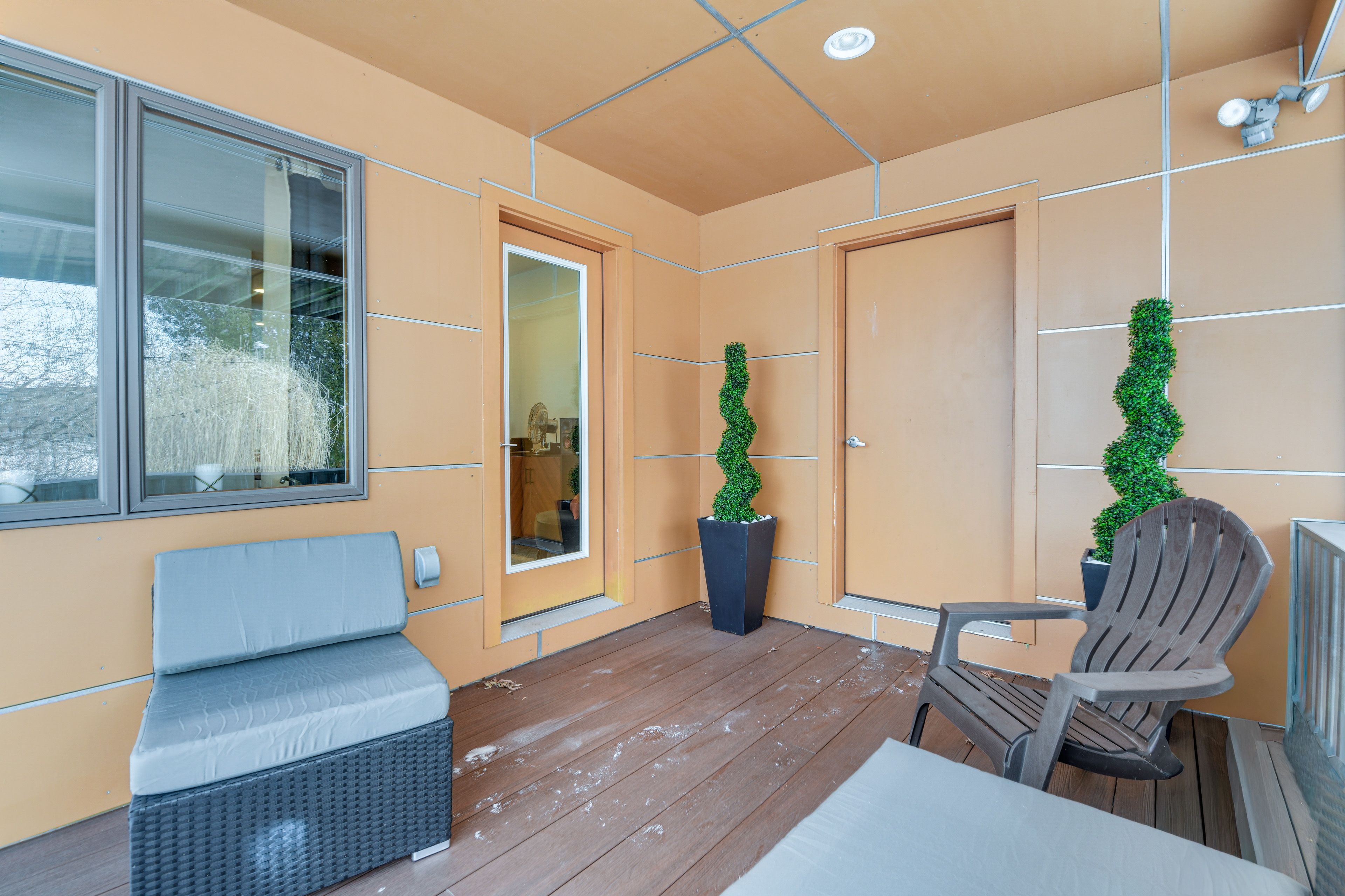 Studio Exterior | Covered Deck w/ Seating