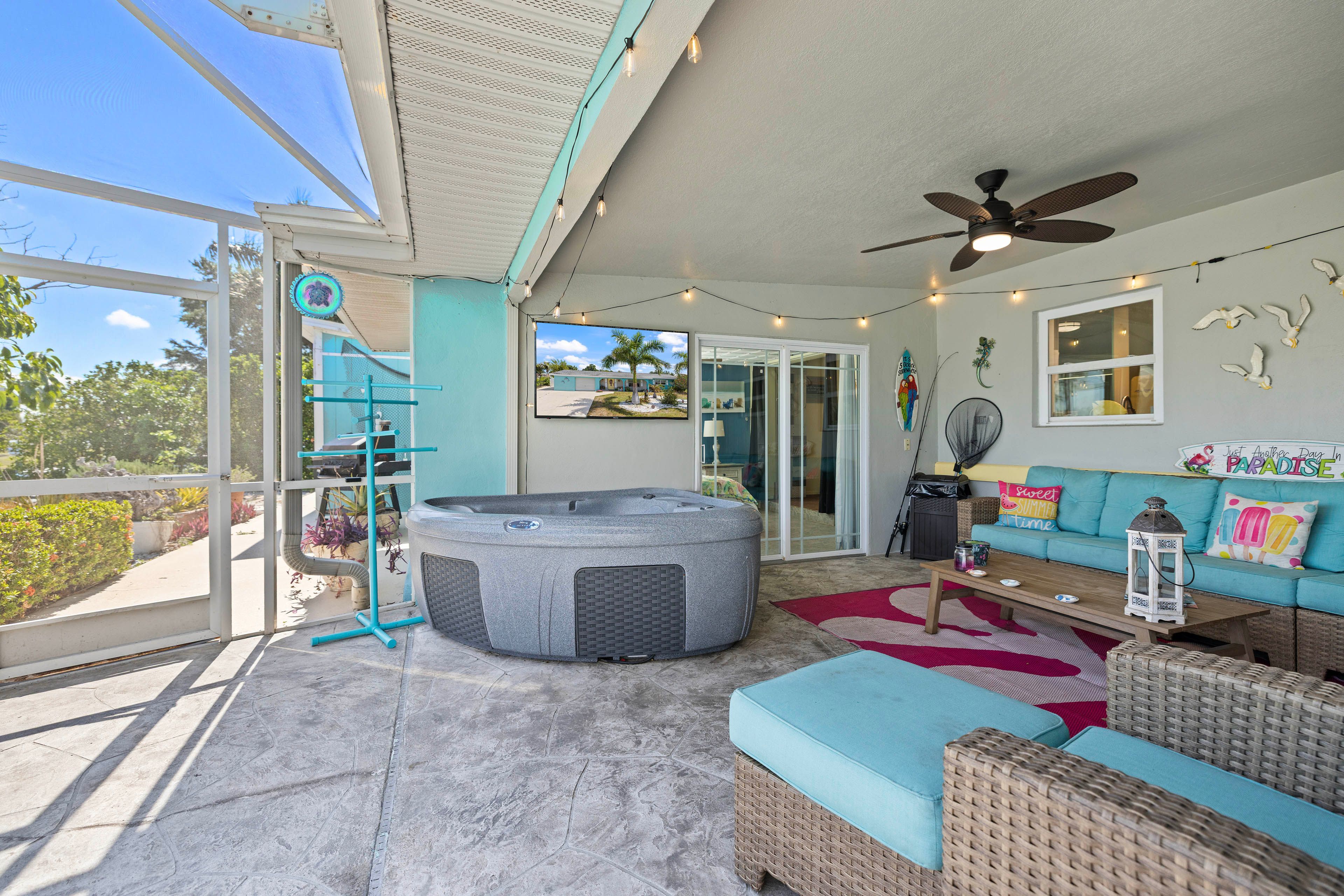 Covered Patio | Hot Tub | Lounge Area
