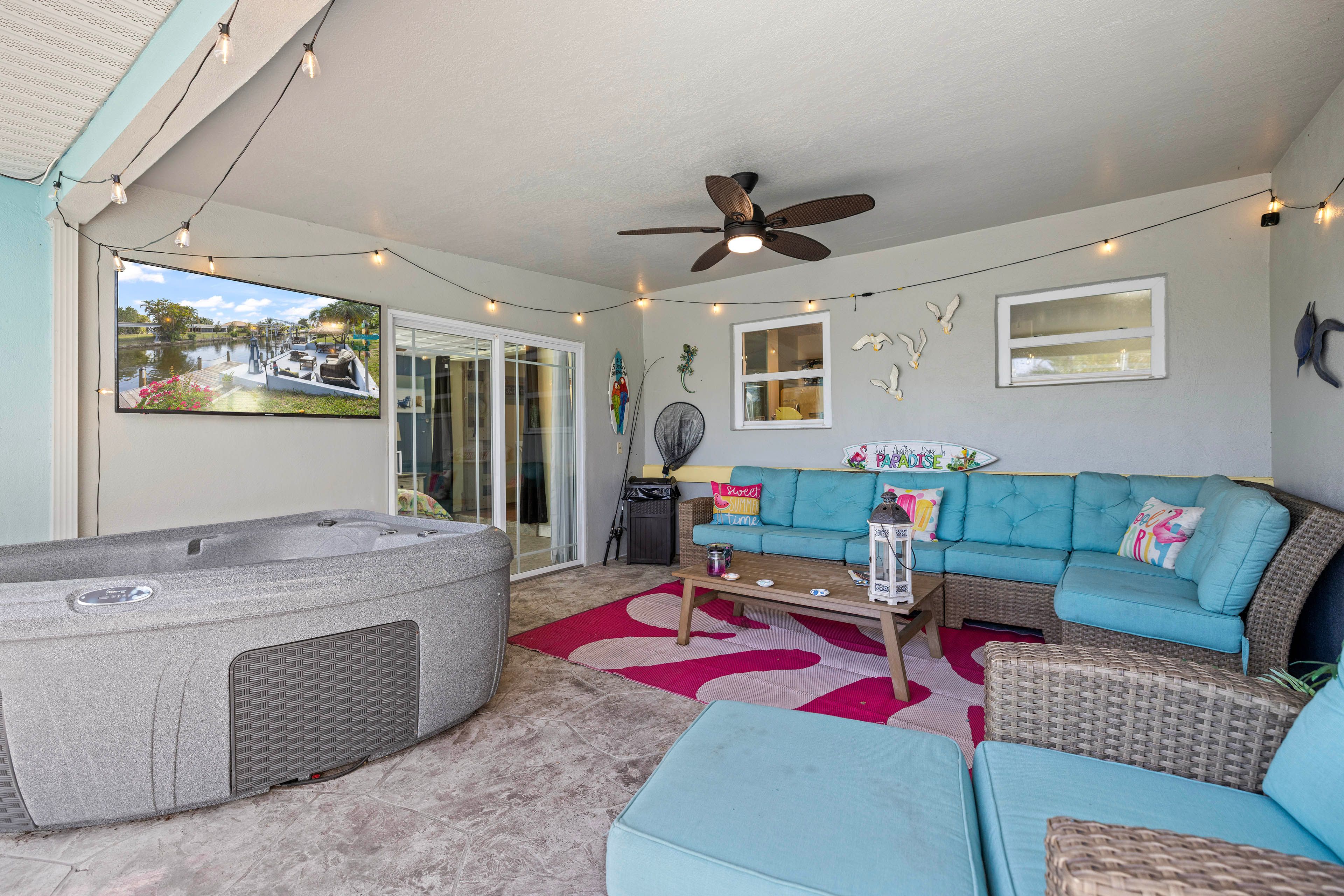 Covered Patio | Lounge Area | Hot Tub