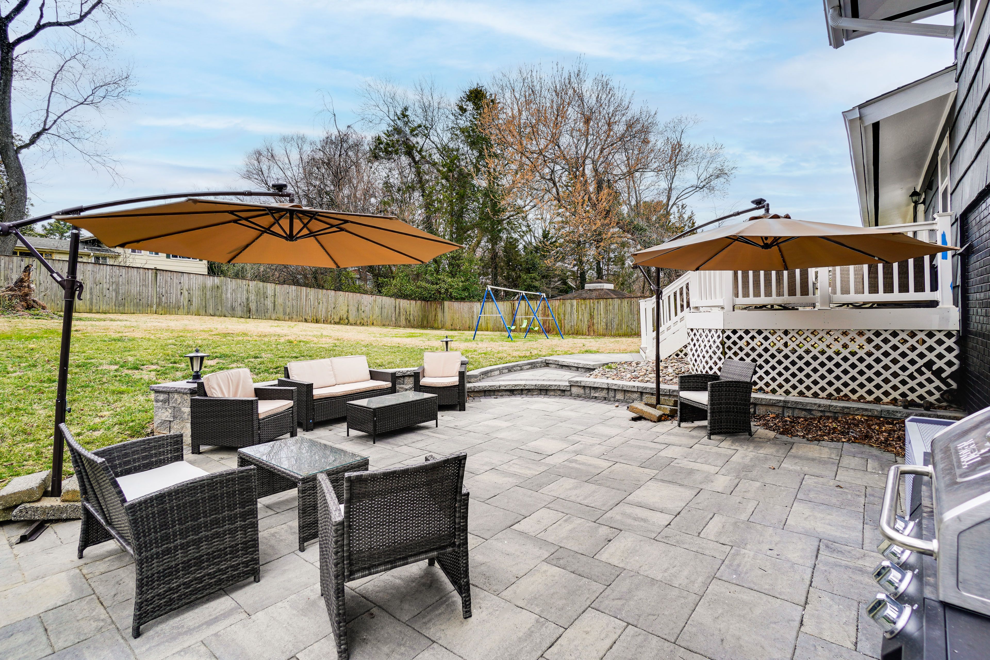 Property Exterior | Private Yard w/ Swing Set | Gas Grill