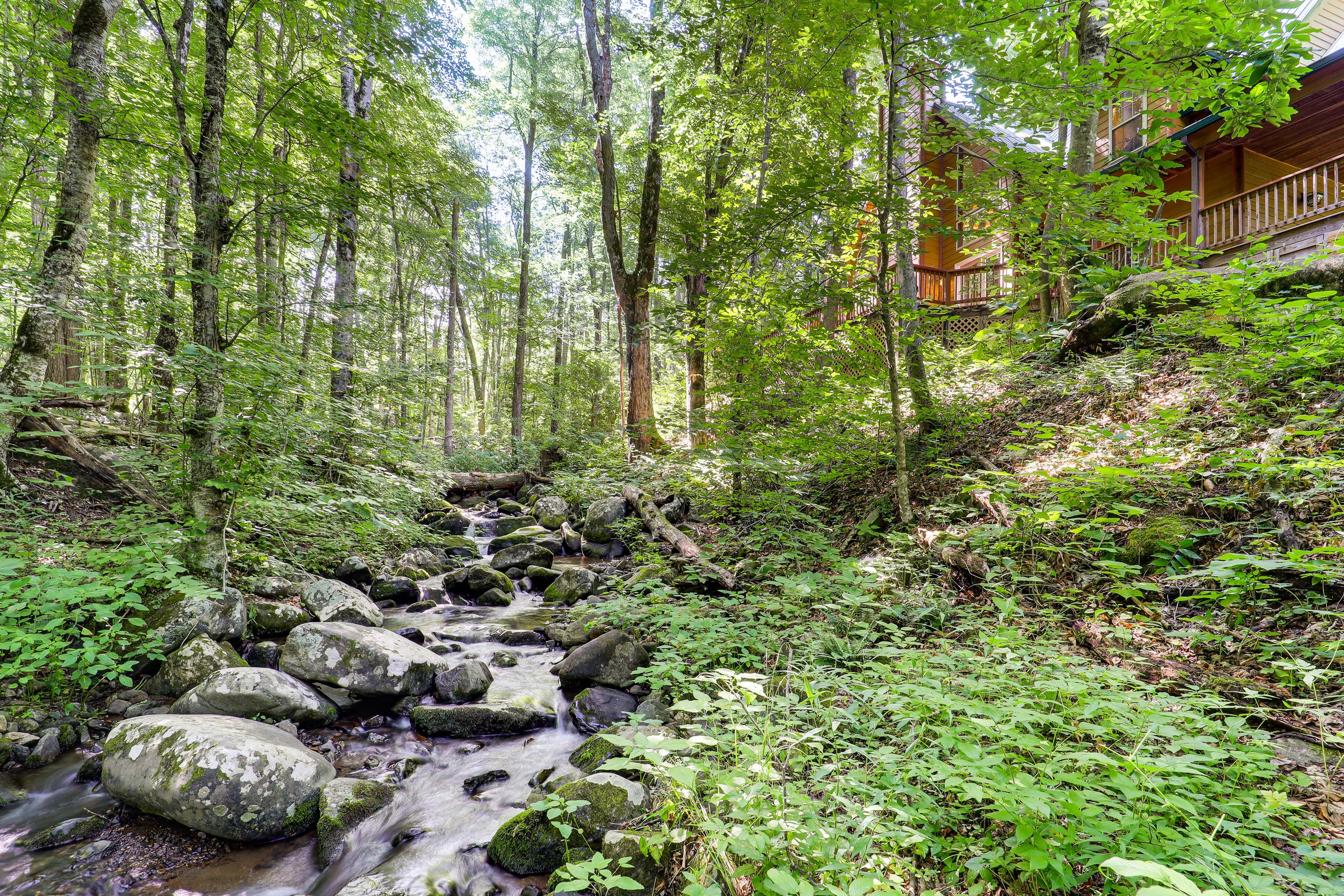 Exterior | On-Site Creek | Wraparound Deck