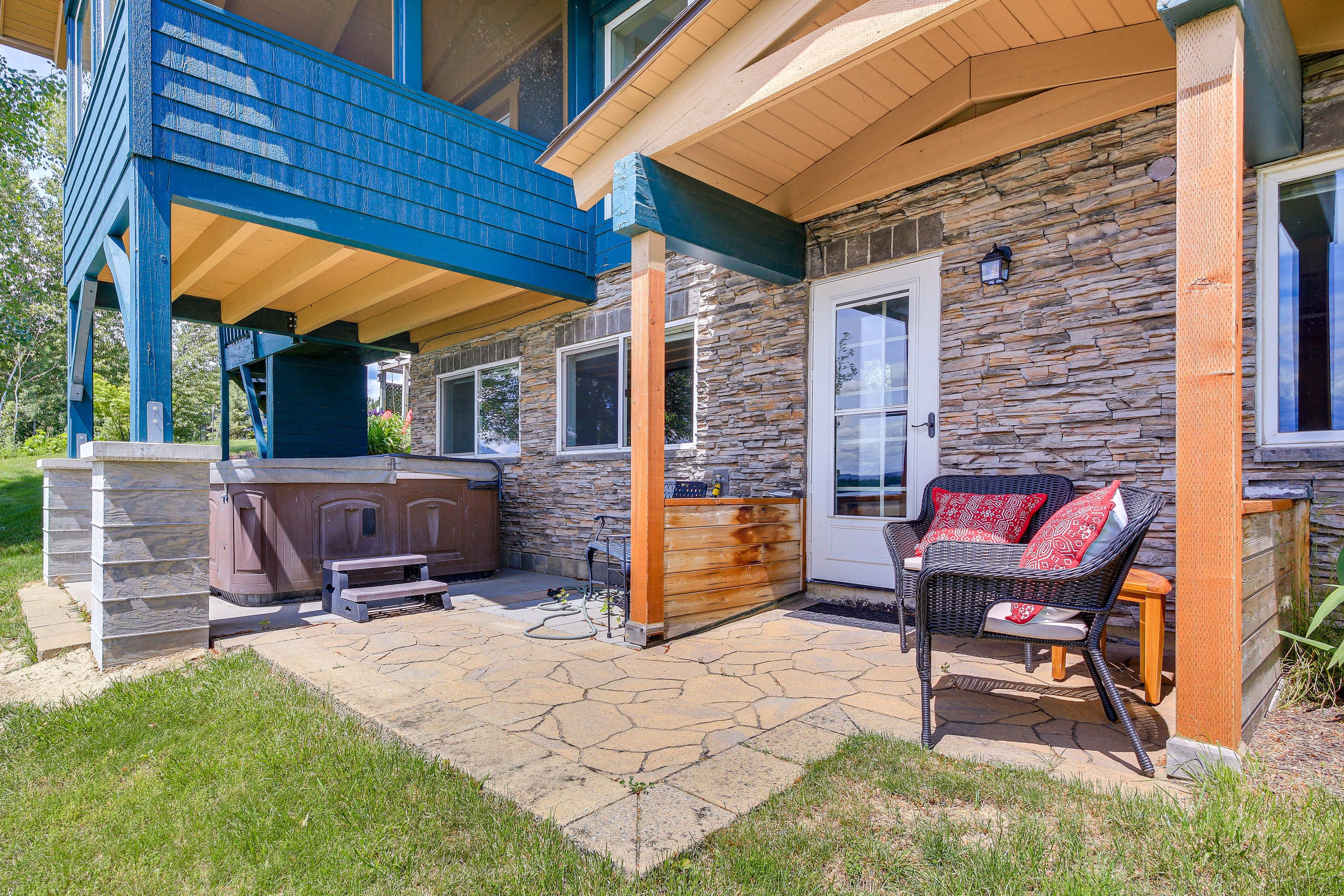 Furnished Patio | Private Hot Tub | Lake Views