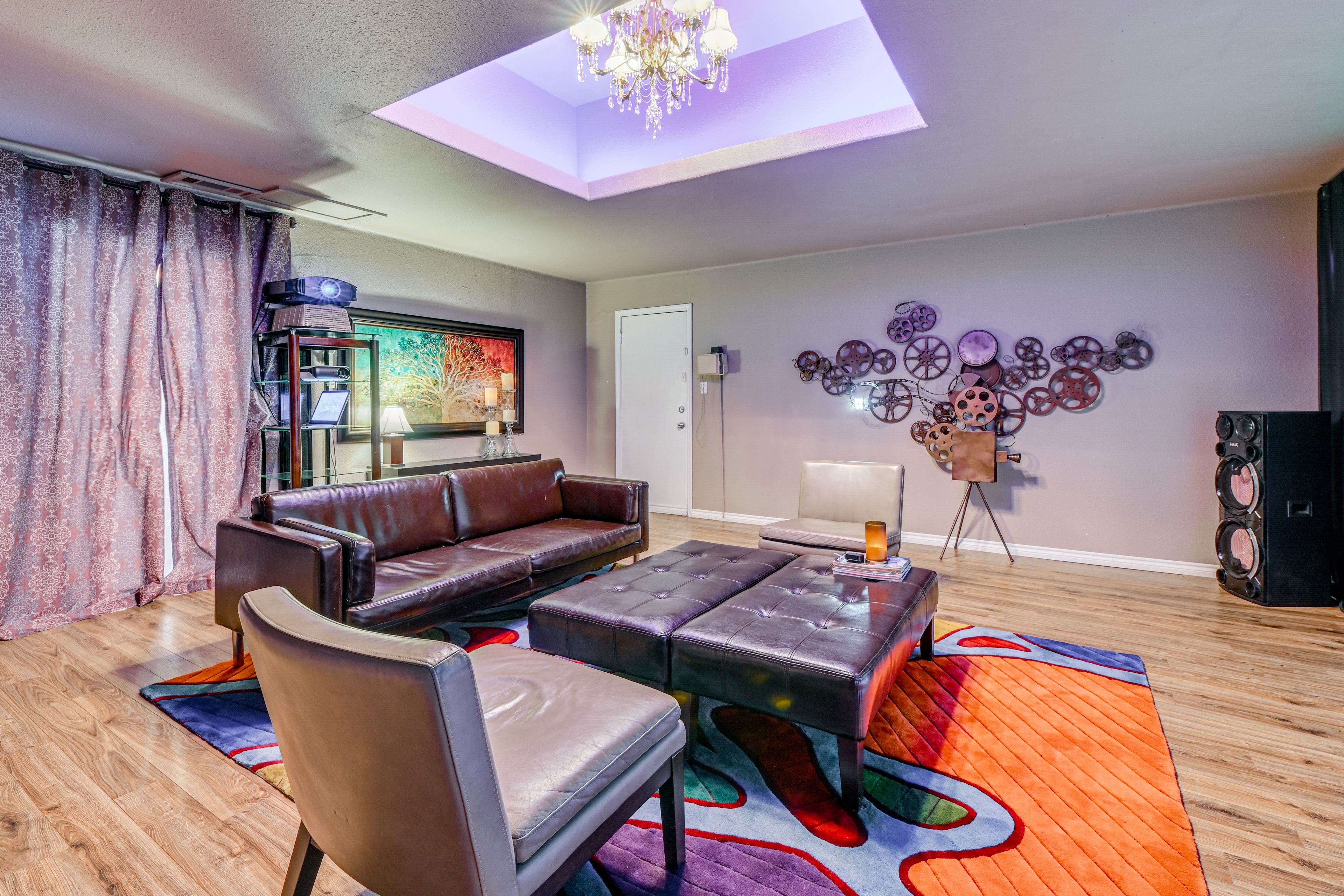 Media Room-Fun design-Two massive speakers are perfect for movies/karaoke