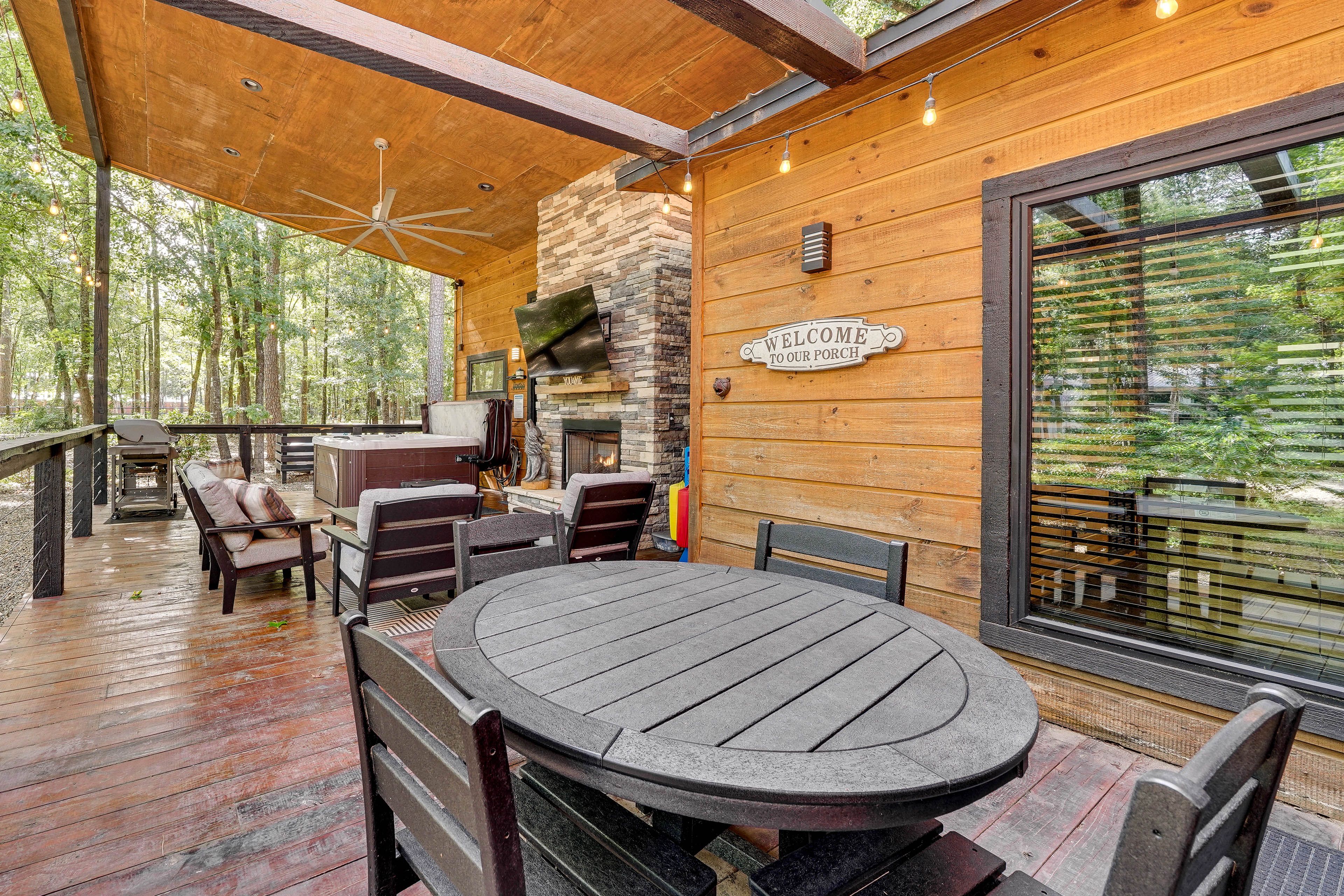 Covered Deck | Outdoor Dining | Fireplace Lounge Area | Hot Tub