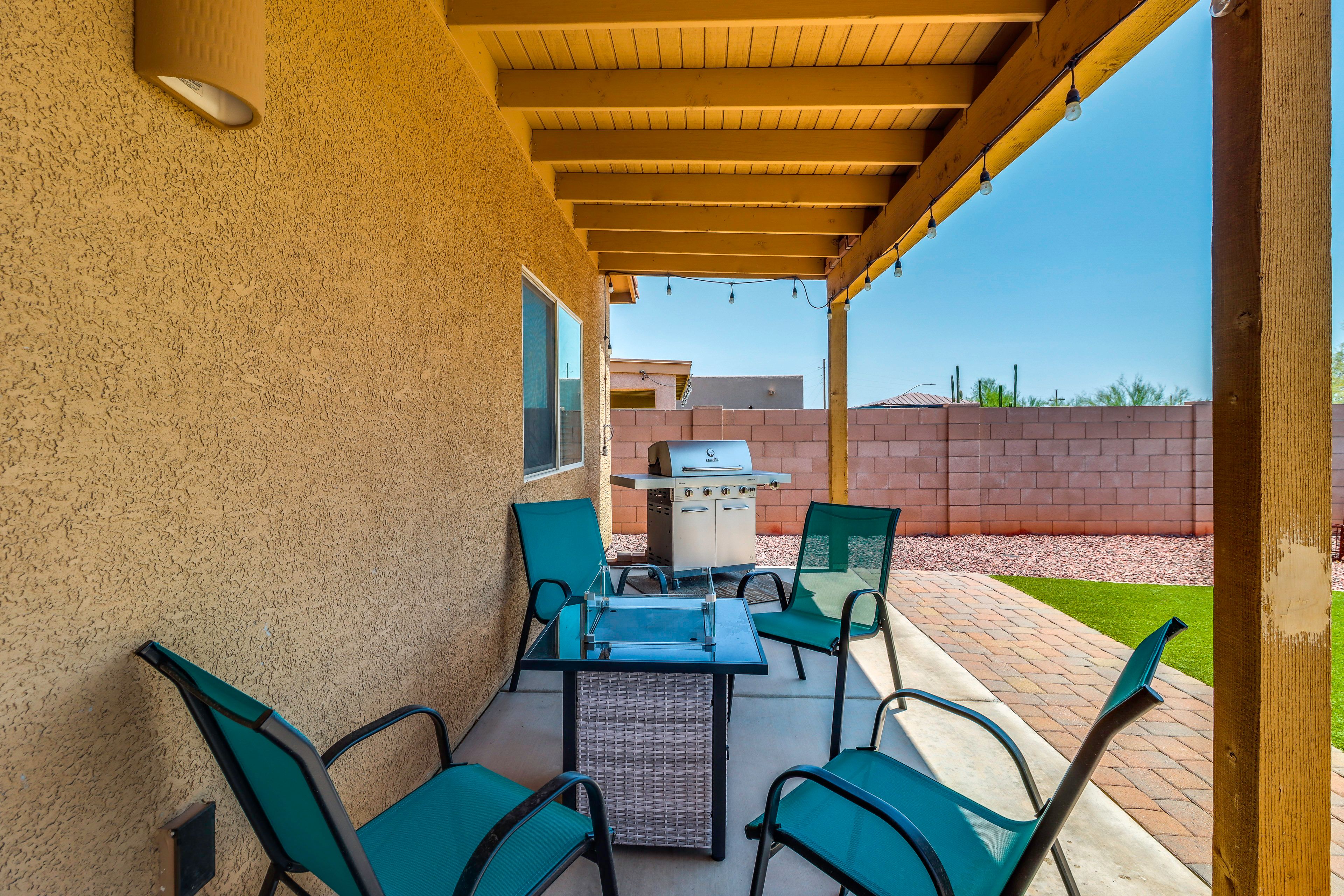 Covered Patio | Gas Grill & Fire Pit | Private Yard w/ Mtn Views