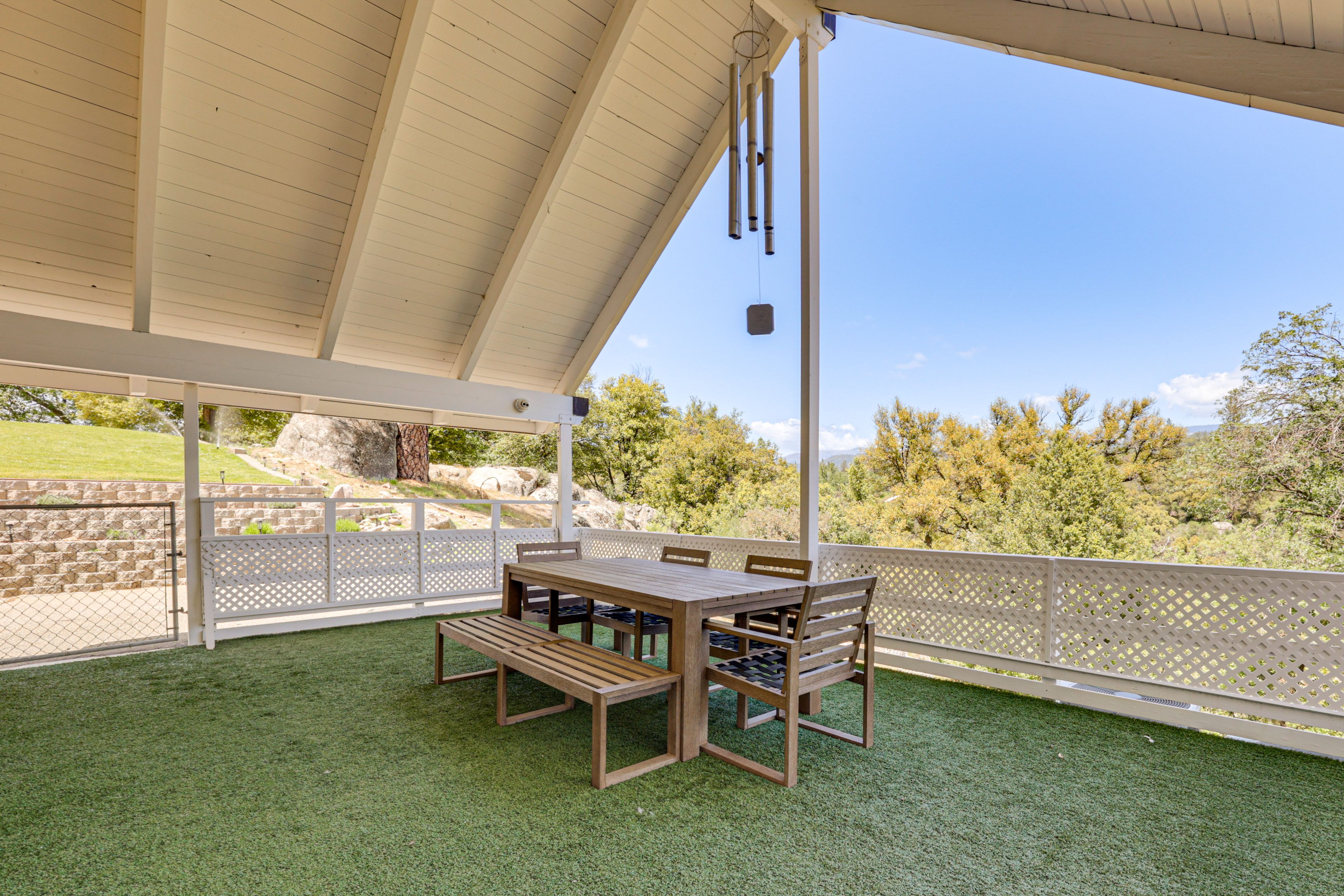 Covered Patio | Gas Grill | 25-Acre Property