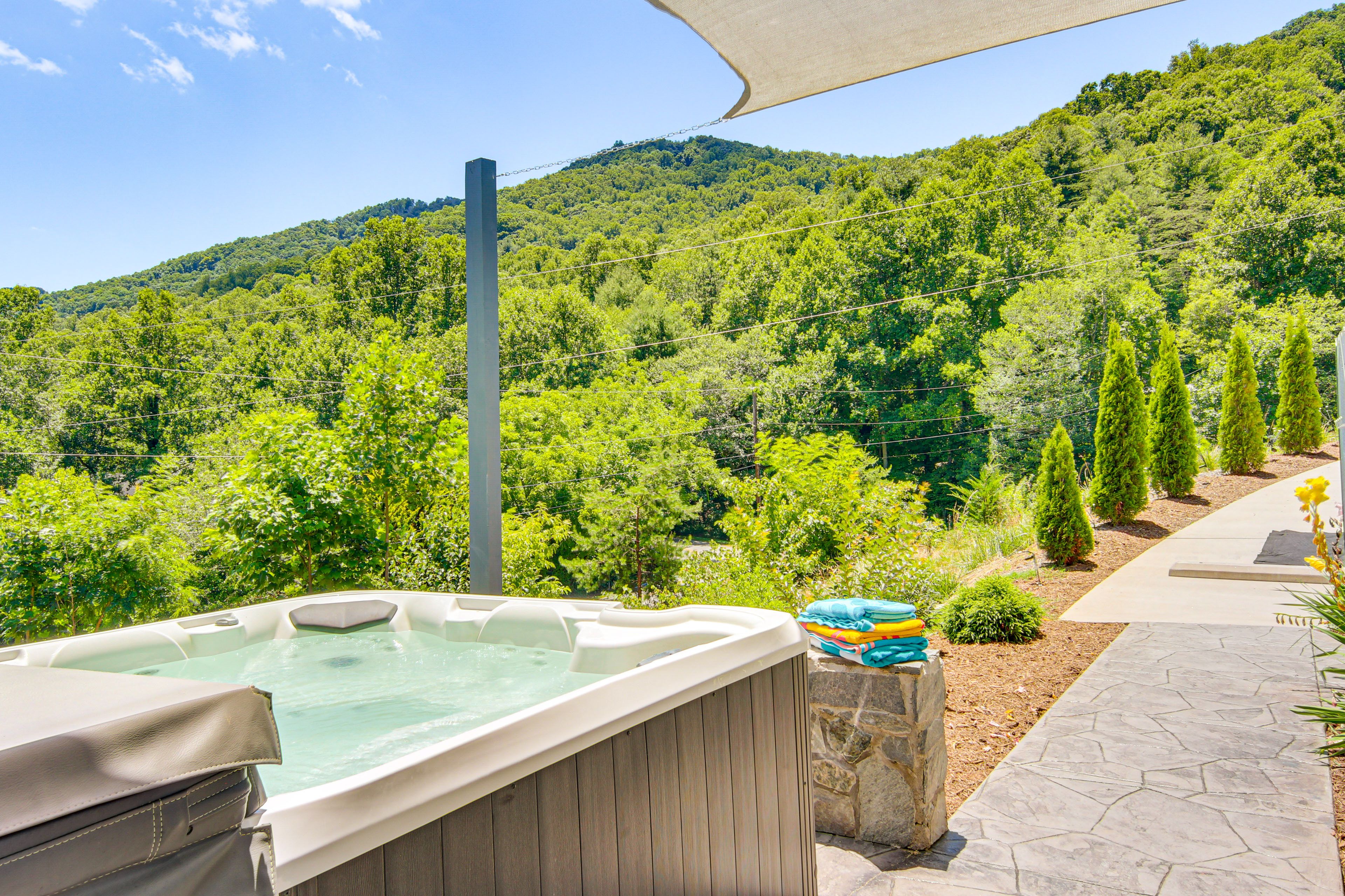 Patio | Hot Tub | Mountain Views