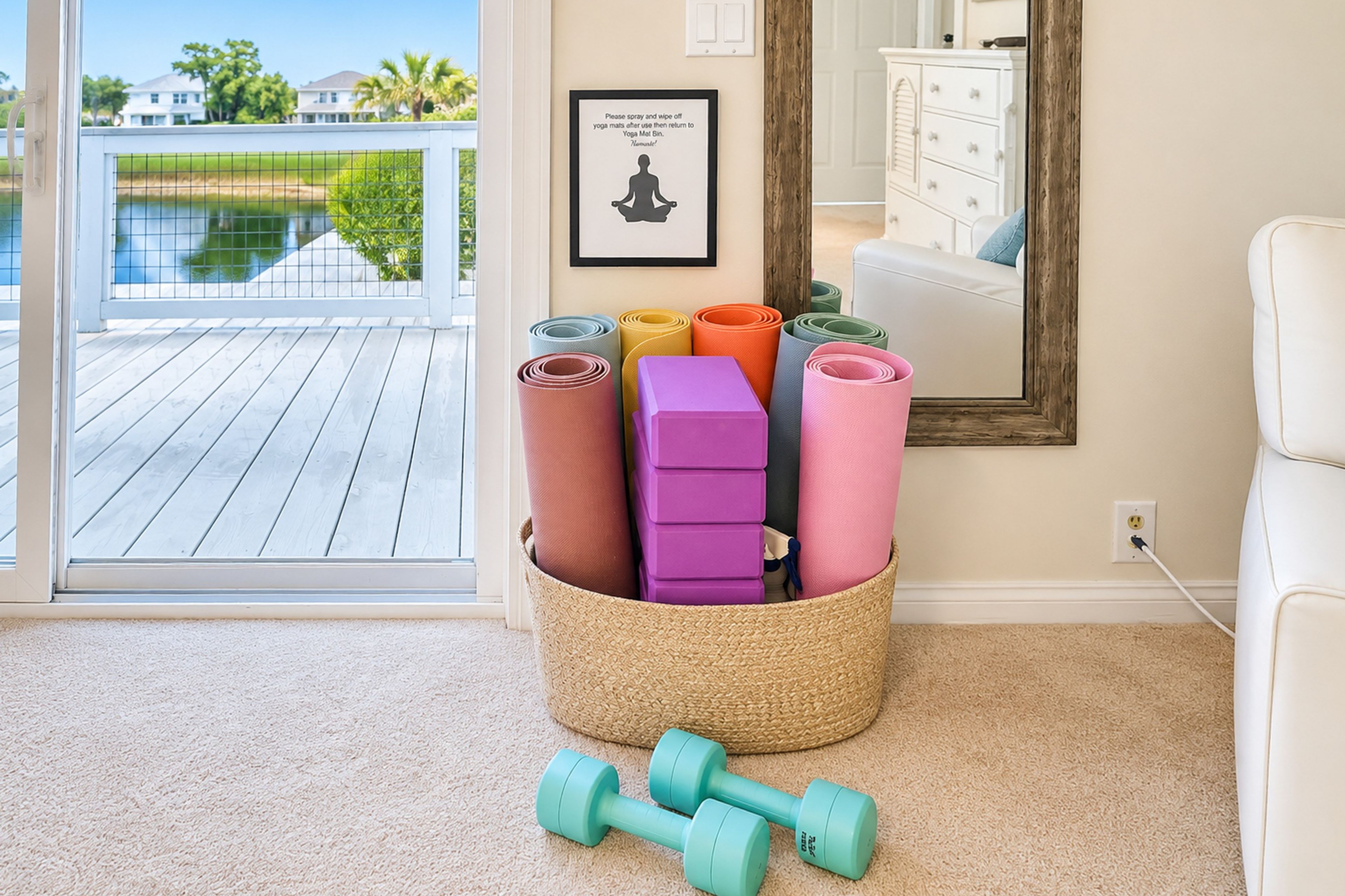 Enjoy yoga mats, blocks, resistance bands, and weights during your stay