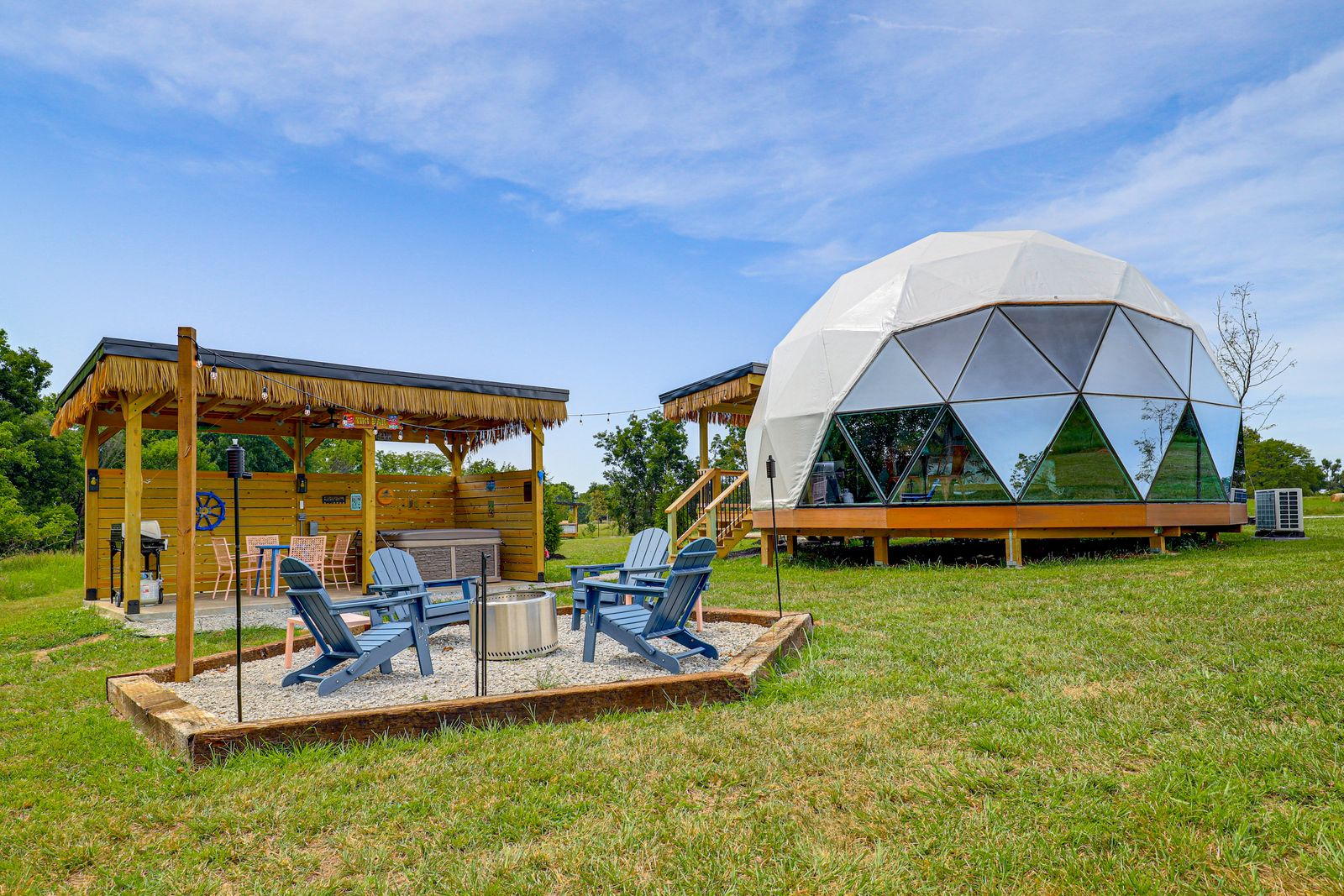 5 O'Clock Somewhere tiki-themed geodesic glamping dome with tropical gazebo and hot tub