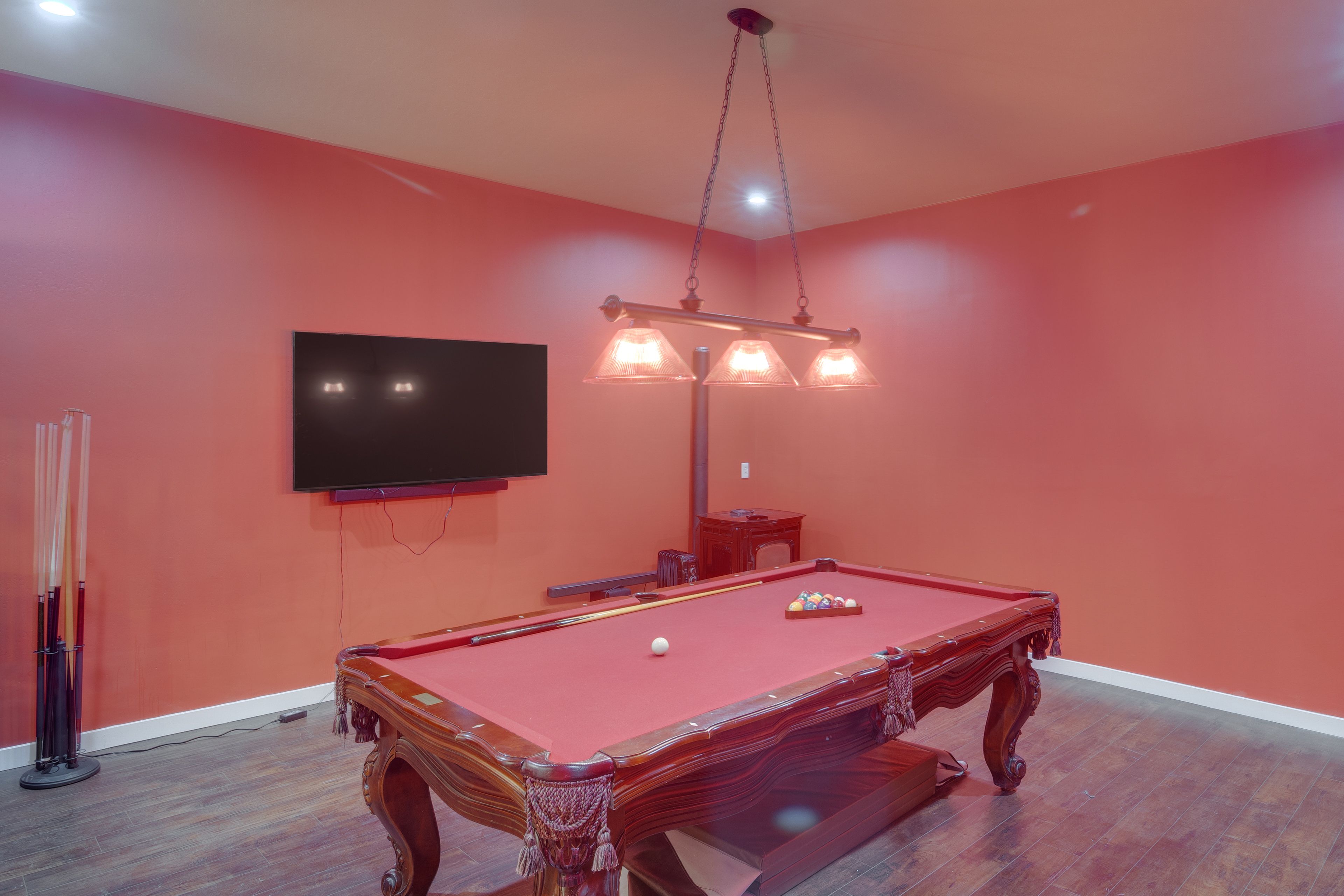 Game Room | Pool Table | Bar Area | Decorative Wood Stove