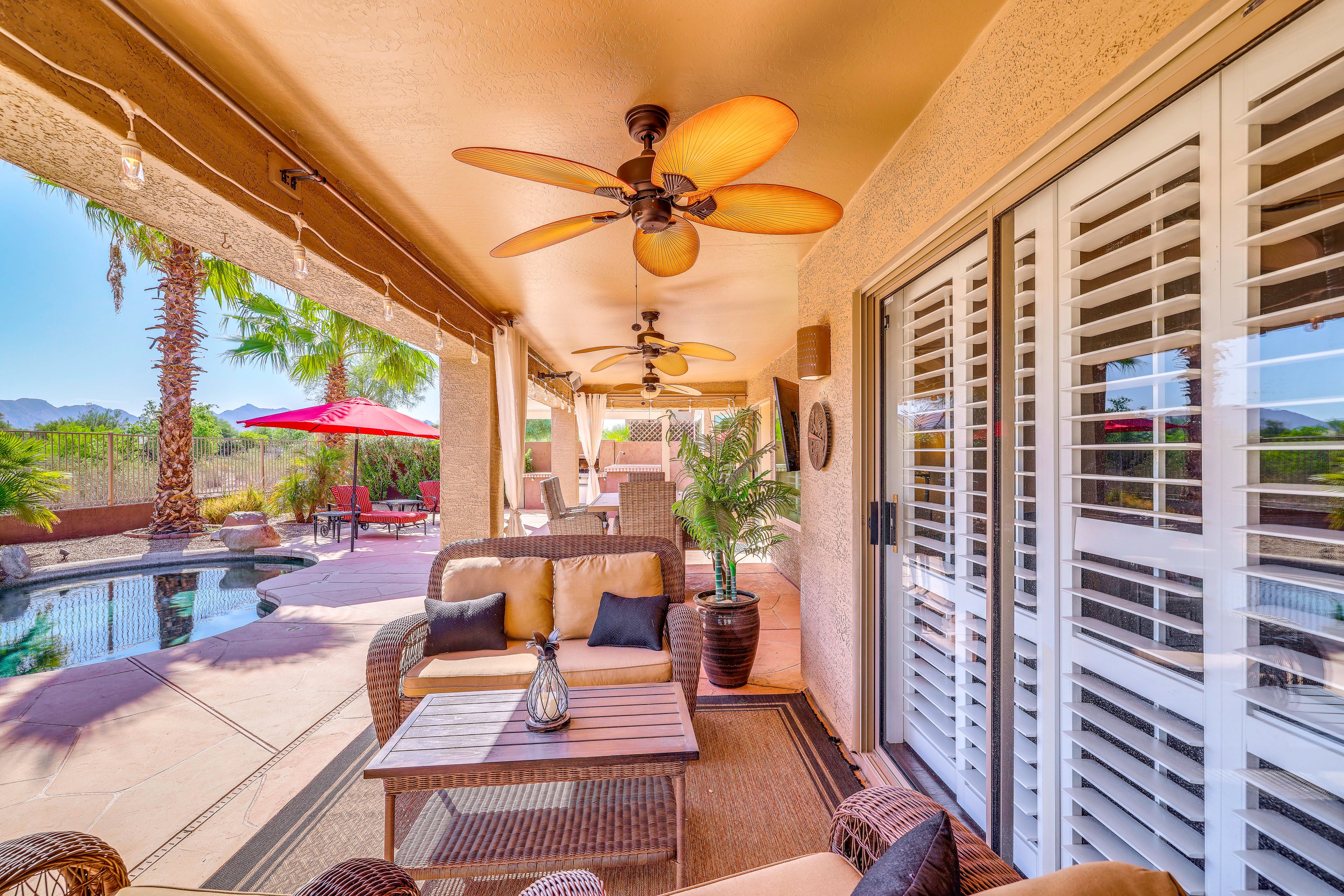 Covered Patio | Private Hot Tub | Seating & Dining