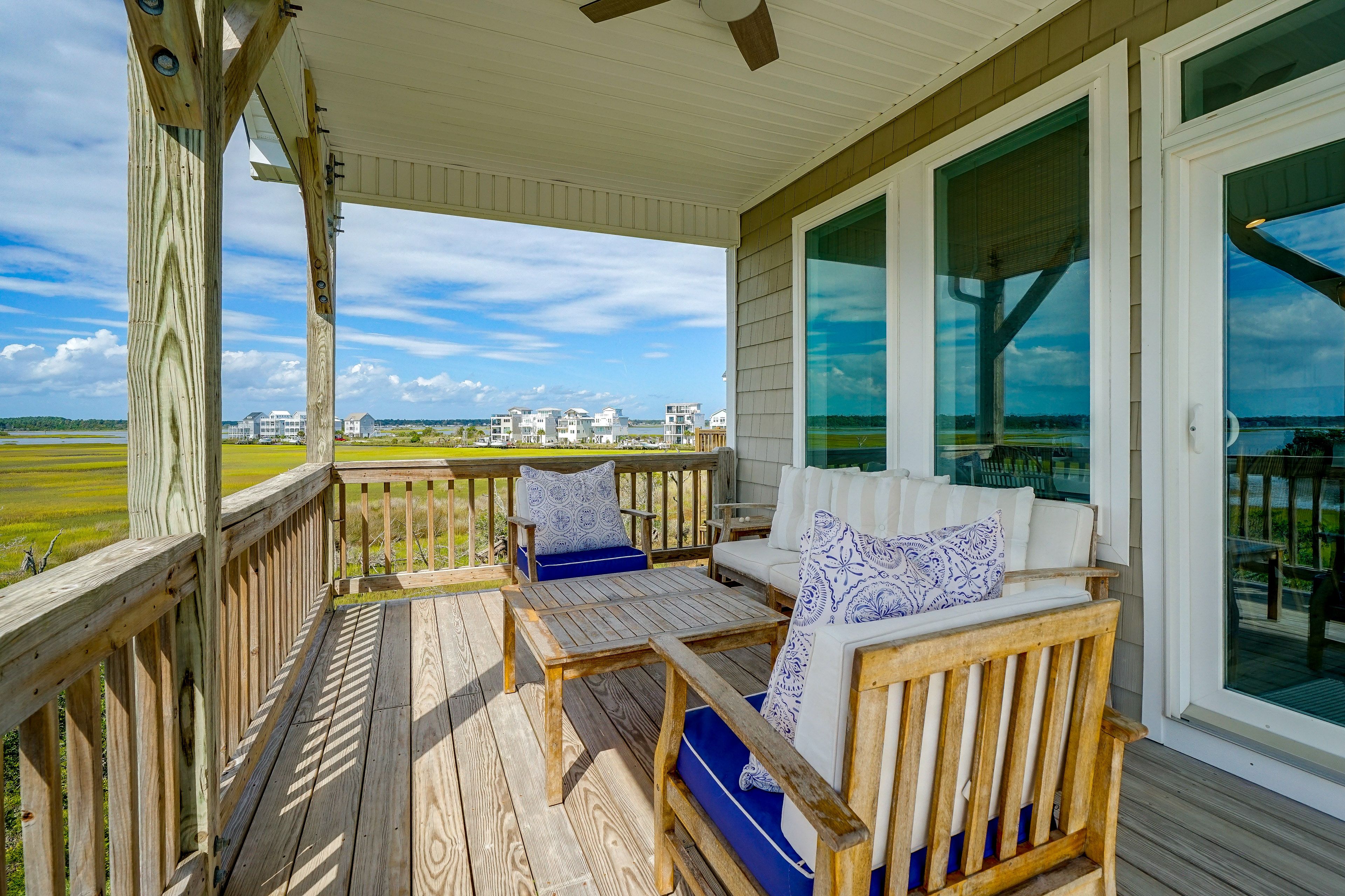 Furnished Deck | Outdoor Seating | Water & Sunset Views