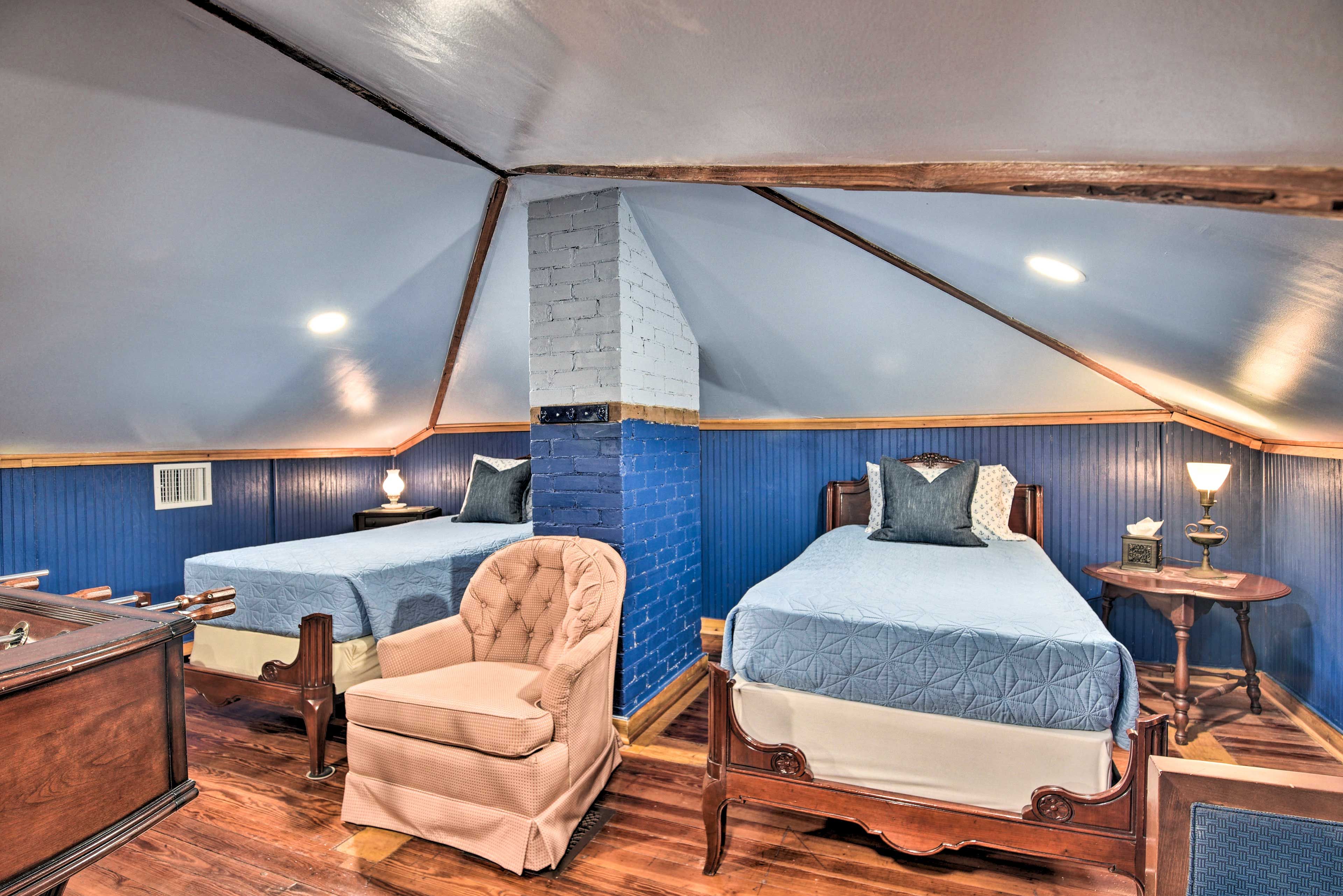 Upper Level | Bedroom 6 (Attic Loft) | 2 Twin Beds | Foosball | Spiral Stairs
