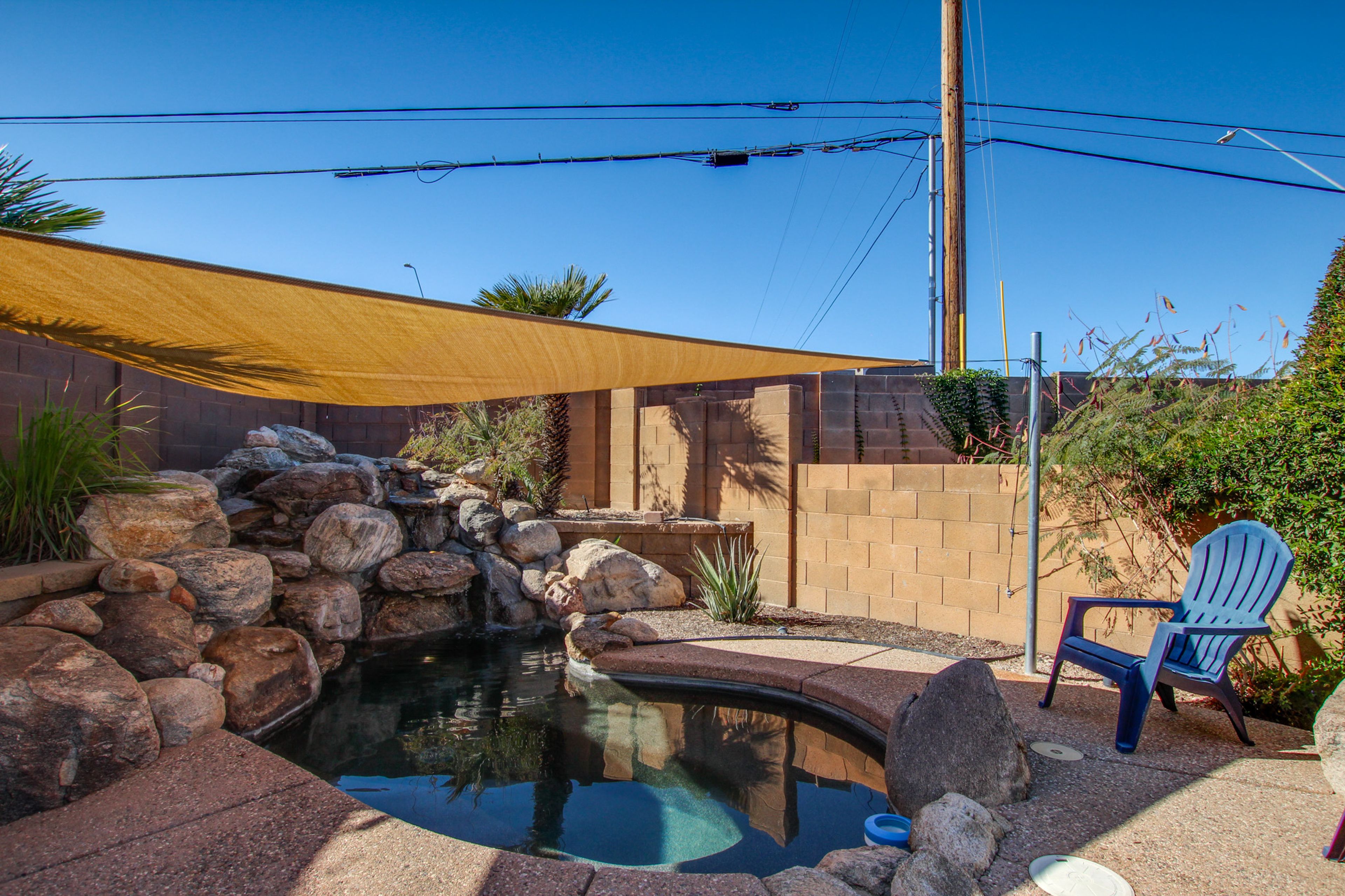 Exterior | Private Swim Spa w/ Waterfall (Heated w/ Fee) | Spacious Yard